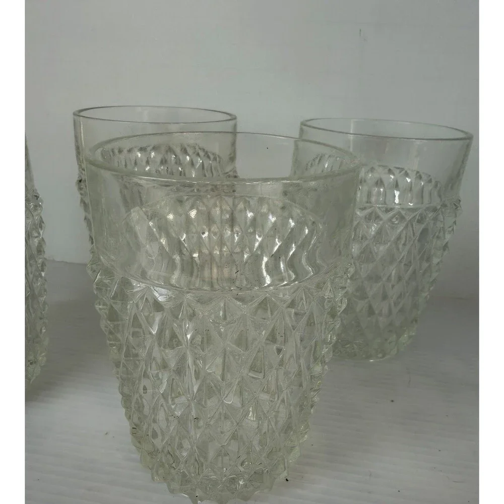 VTG Indiana Glass Diamond Point Clear Flat Tumblers 4 5/8” Set of 4 10 Oz Juice